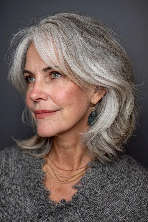 Side-View Silver Bob with Curtain Bangs - curtain bangs hairstyle for women over 40