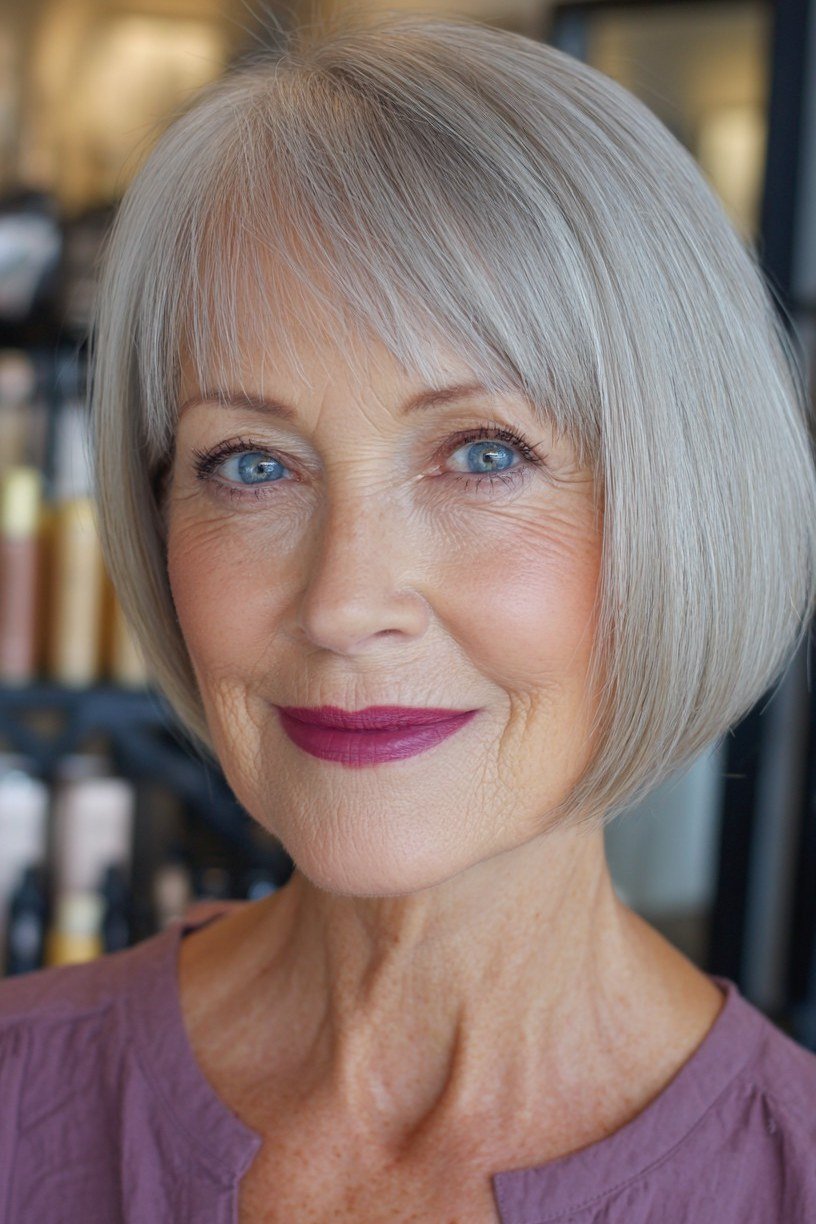 Sleek Silver Bob with Curtain Bangs - curtain bangs hairstyle for women over 40