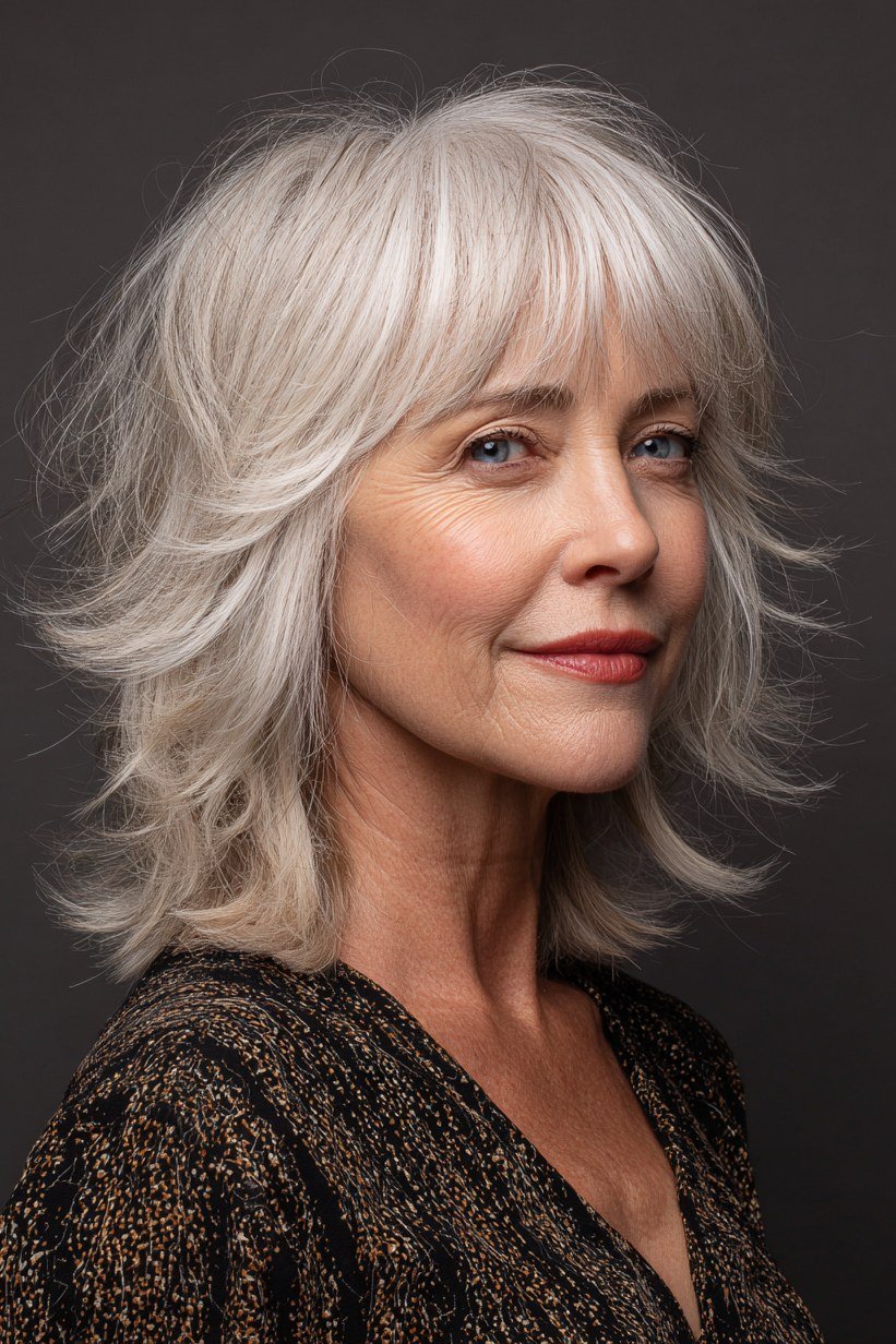 Flowing Long White Layers with Curtain Bangs - curtain bangs hairstyle for women over 40