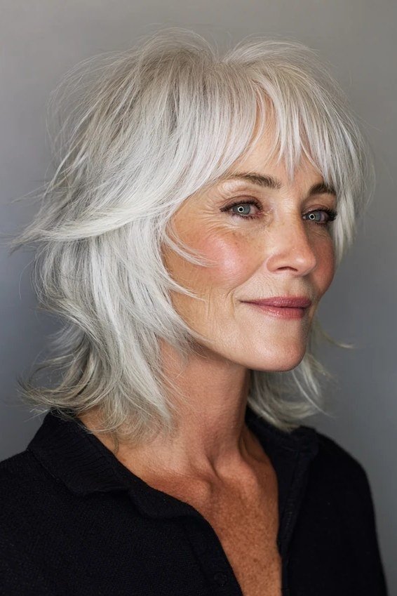 White Shaggy Bob with Textured Curtain Bangs - curtain bangs hairstyle for women over 40