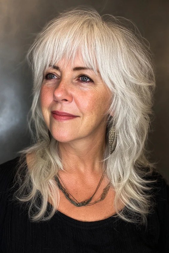 Long Layered White Hair with Soft Curtain Bangs - curtain bangs hairstyle for women over 40