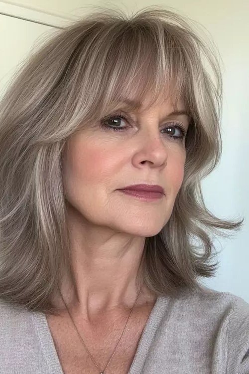 Long Layered Silver Hair with Curtain Bangs - curtain bangs hairstyle for women over 40