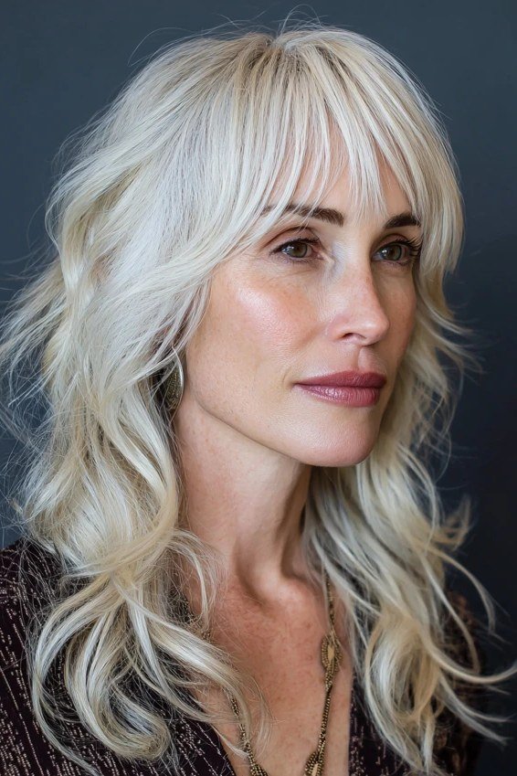 Long Wavy White Hair with Curtain Bangs - curtain bangs hairstyle for women over 40