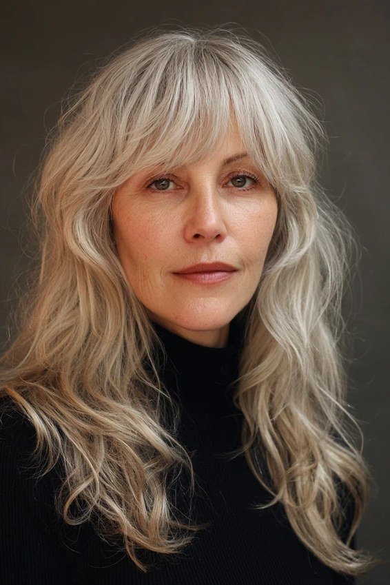 Long Wavy Silver Hair with Curtain Bangs - curtain bangs hairstyle for women over 40