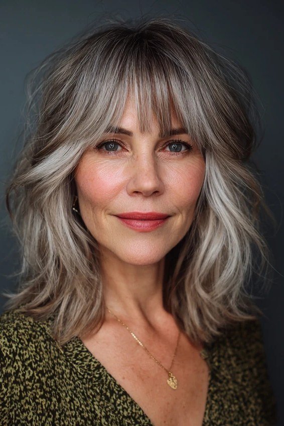 Medium Layered Silver Hair with Curtain Bangs - curtain bangs hairstyle for women over 40