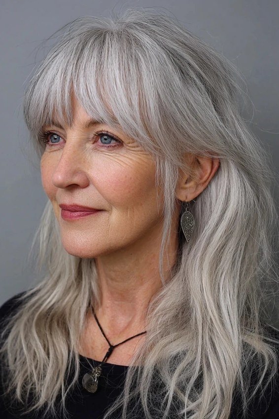 Silvery Long Layers with Face-Framing Bangs - curtain bangs hairstyle for women over 40