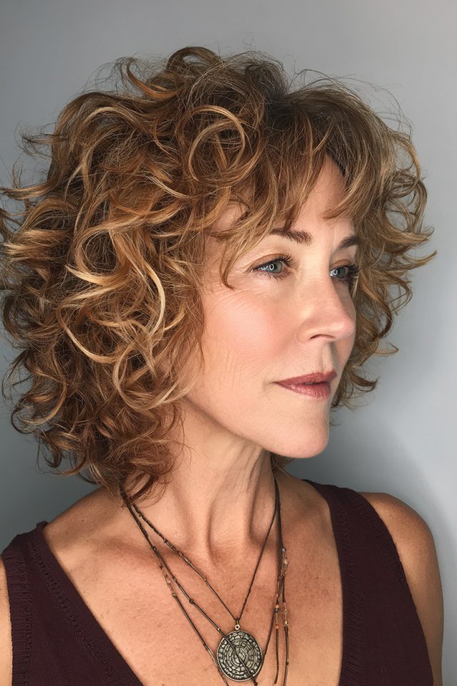 Copper Curly Bob with Curly Curtain Bangs - curtain bangs hairstyle for women over 40