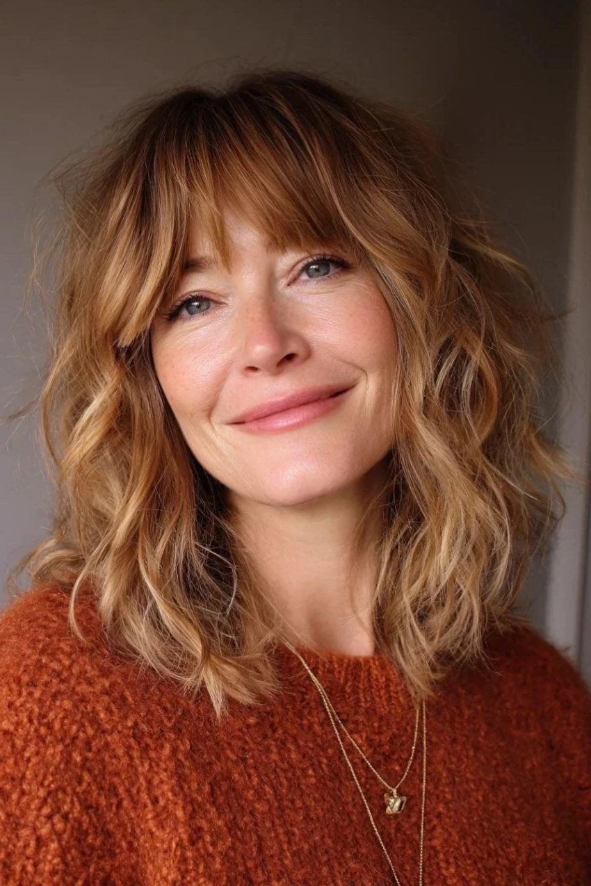 Cheerful Copper Wavy Bob with Curtain Bangs - curtain bangs hairstyle for women over 40
