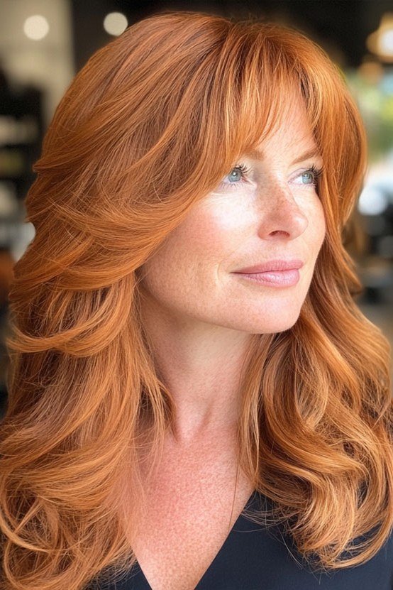 Copper Wavy Hair with Curtain Bangs - curtain bangs hairstyle for women over 40