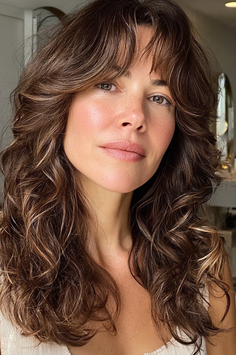 Dark-Brown Curly Hair with Curtain Bangs - curtain bangs hairstyle for women over 40