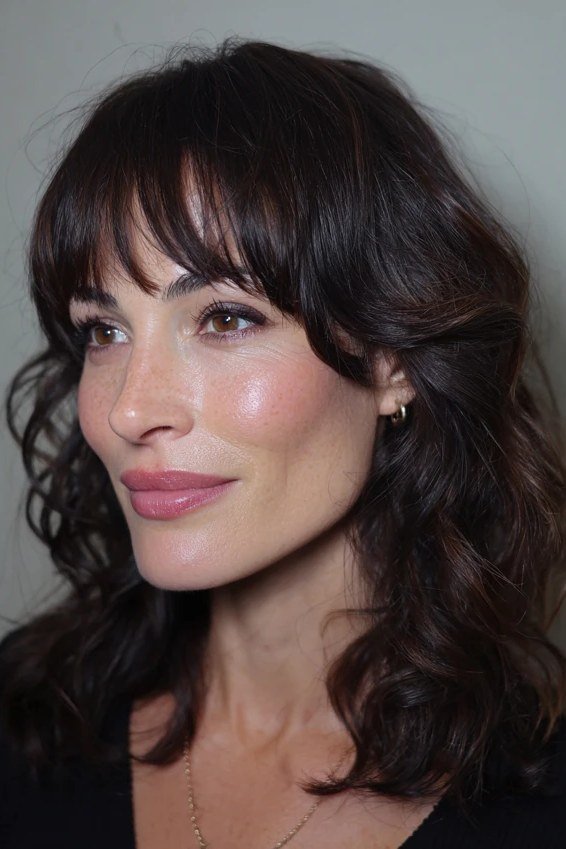 Dark Curly Hair with Full Curtain Bangs - curtain bangs hairstyle for women over 40