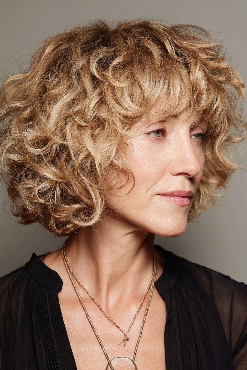 Blonde Curly Bob with Curly Curtain Bangs - curtain bangs hairstyle for women over 40