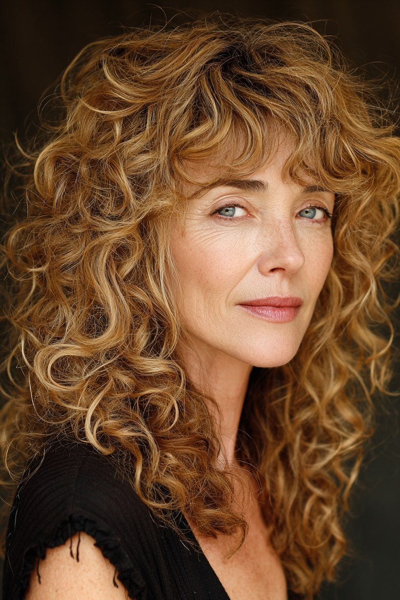 Long Copper Curls with Curtain Bangs - curtain bangs hairstyle for women over 40