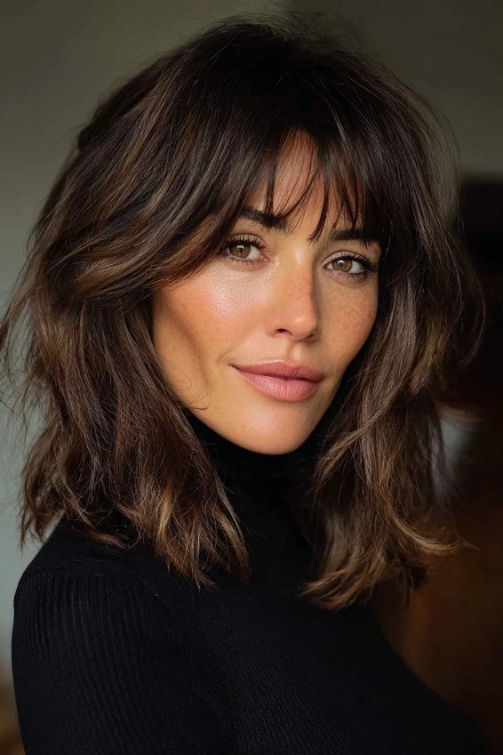 Dark-Brown Wavy Hair with Curtain Bangs - curtain bangs hairstyle for women over 40