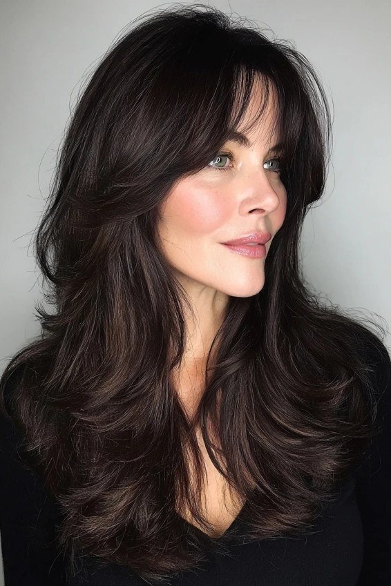 Dark Wavy Hair with Soft Curtain Bangs - curtain bangs hairstyle for women over 40