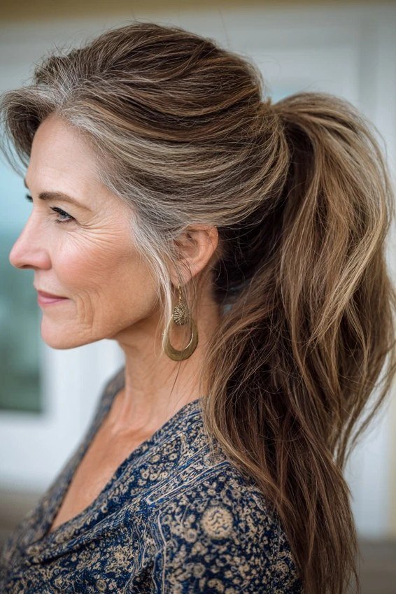 High Brown Ponytail with Curtain Bangs - curtain bangs hairstyle for women over 40