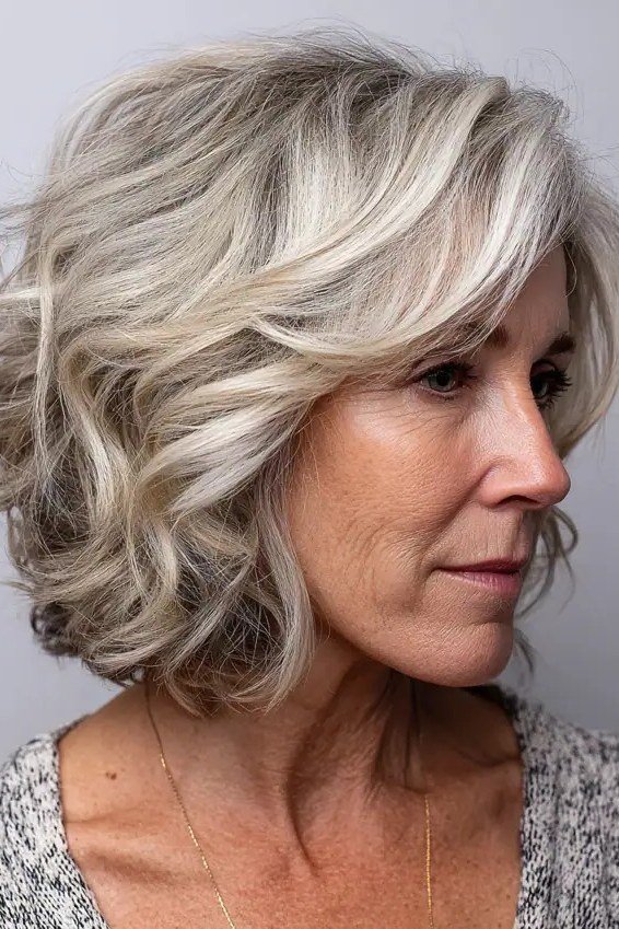 Wavy layered bob hairstyle for women over 50: silver wavy chin-length bob, side view, soft layered waves