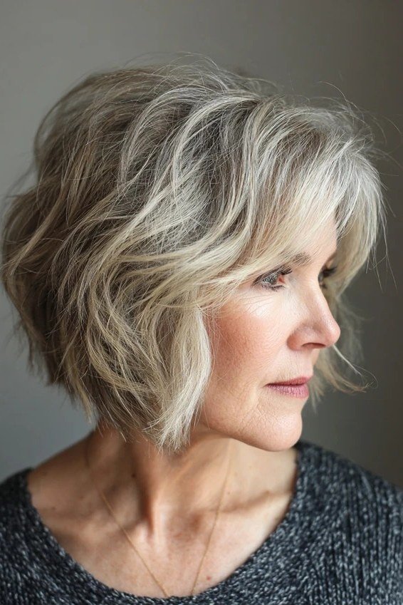 Wavy layered bob hairstyle for women over 50: silver layered wavy bob, side profile, feathered ends