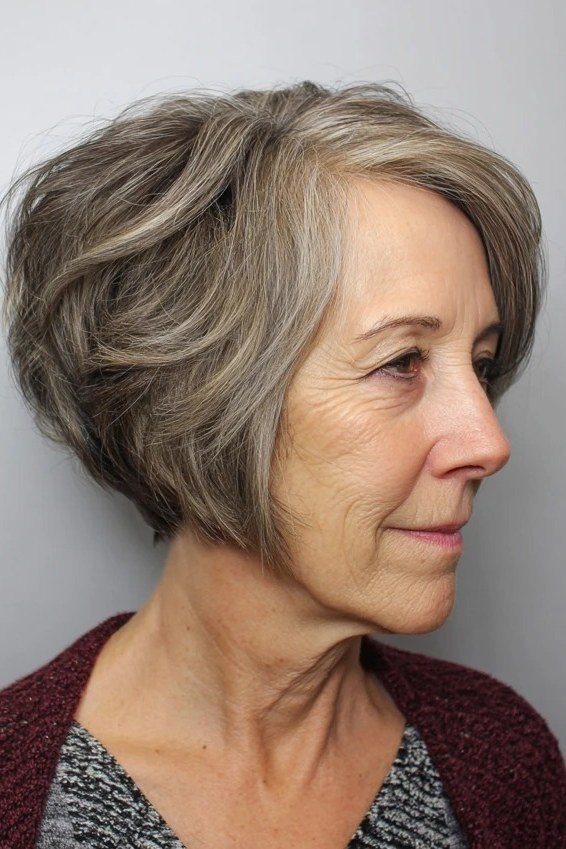 Wavy layered bob hairstyle for women over 50: grey stacked wavy bob, side view, rounded shape