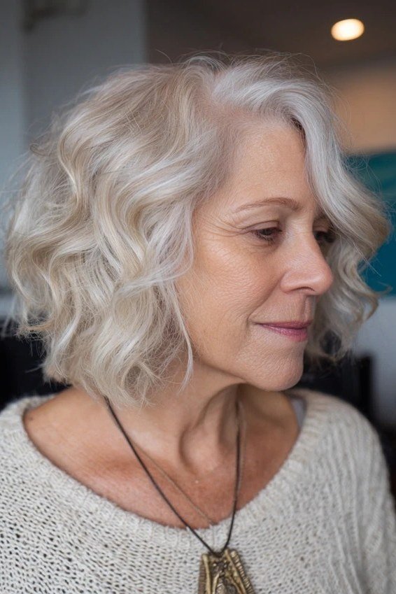 Wavy layered bob hairstyle for women over 50: silver wavy bob, outdoor side view, natural light