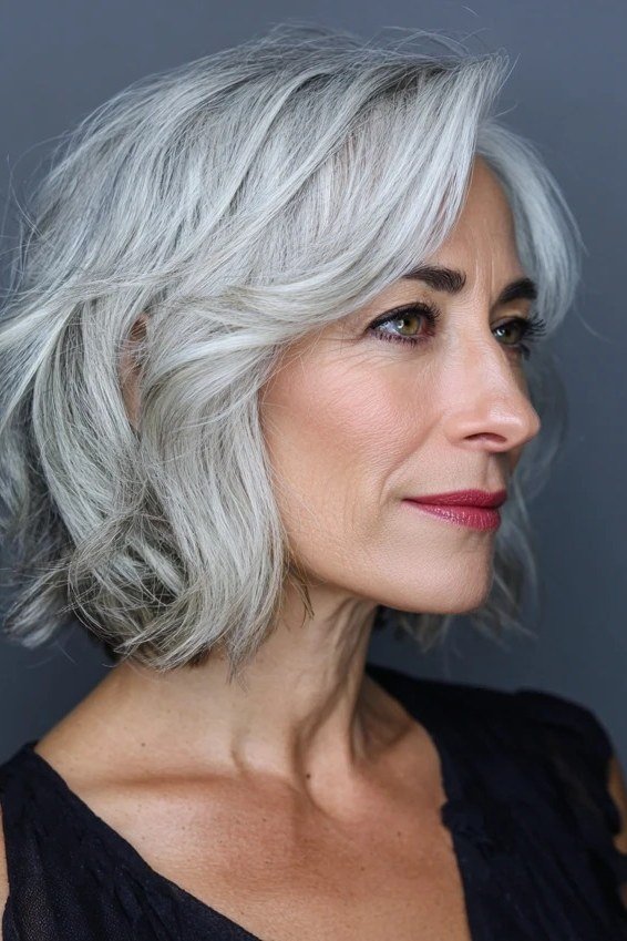 Wavy layered bob hairstyle for women over 50: silver wavy bob, front view, soft face-framing layers