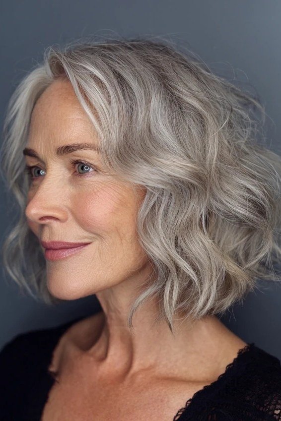 Wavy layered bob hairstyle for women over 50: silver wavy bob, front view, full volume