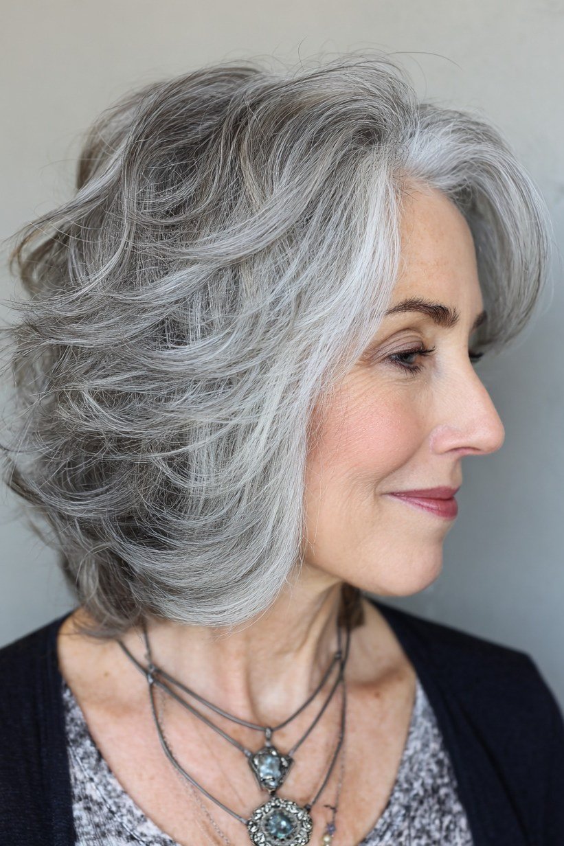 Wavy layered bob hairstyle for women over 50: silver wavy bob, side view, gentle waves