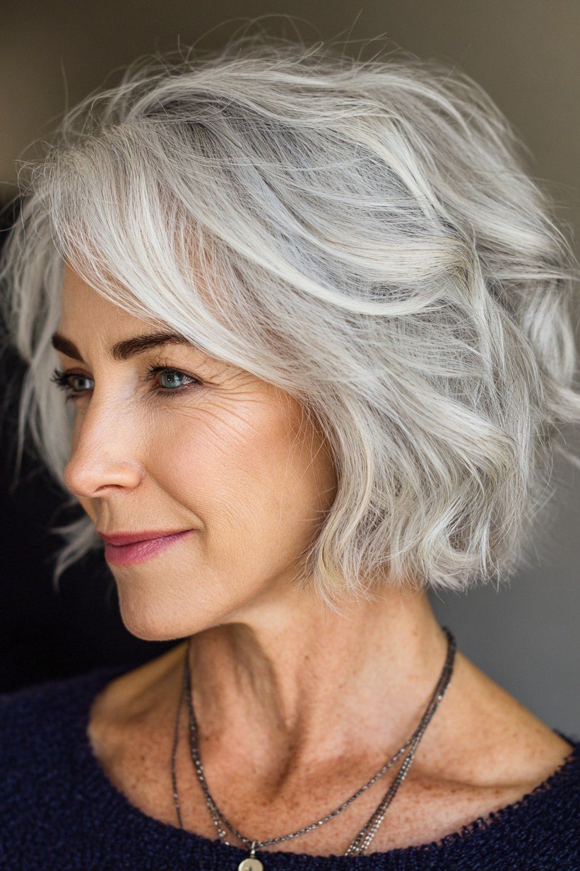 Wavy layered bob hairstyle for women over 50: silver wavy bob, front view, navy top
