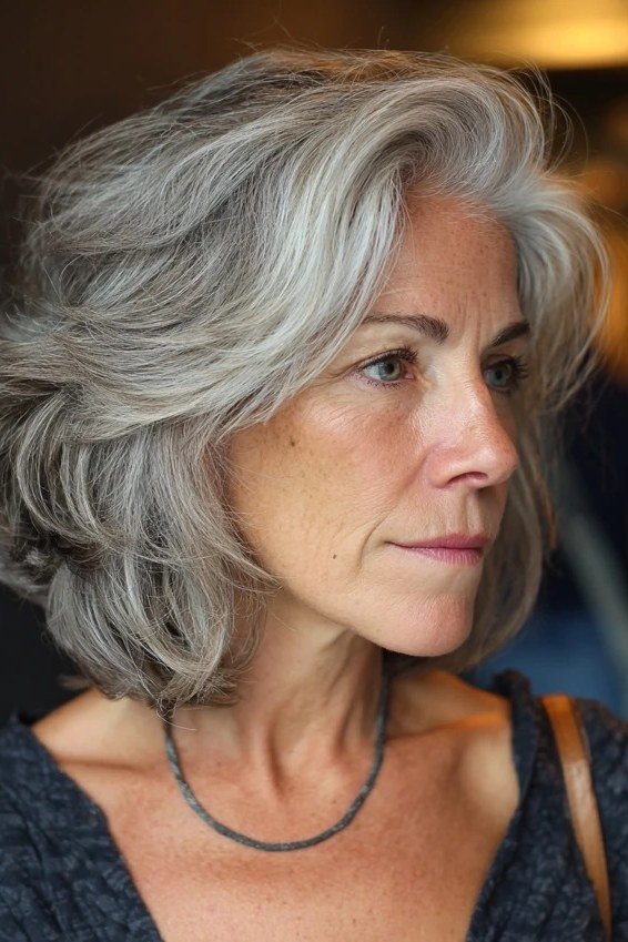 Wavy layered bob hairstyle for women over 50: silver wavy bob, front view, warm indoor light