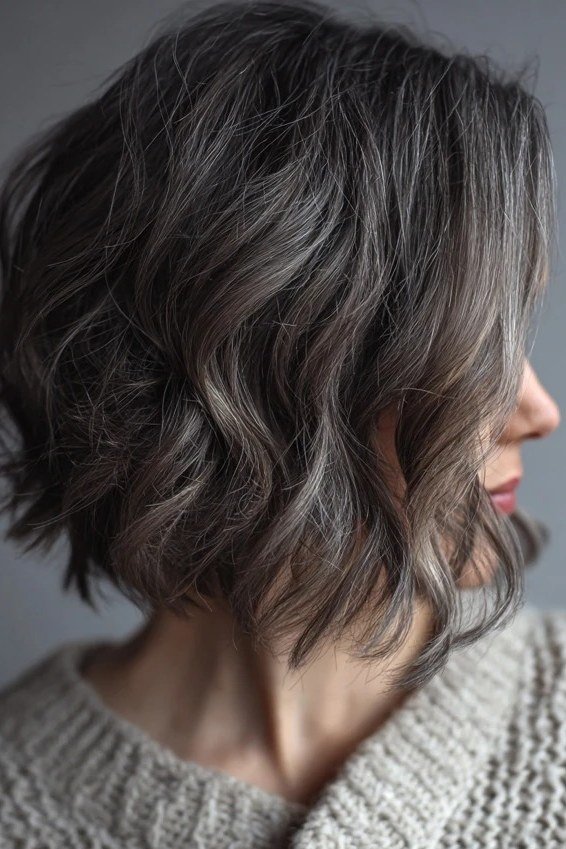 Wavy layered bob hairstyle for women over 50: dark grey wavy bob, side view, cool tones
