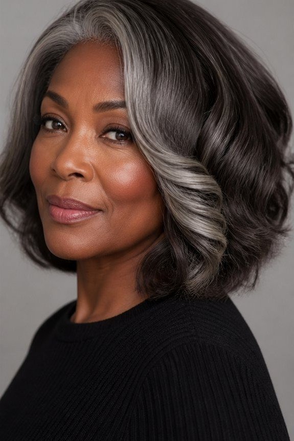 Wavy layered bob hairstyle for women over 50: dark grey wavy bob, front view, soft waves