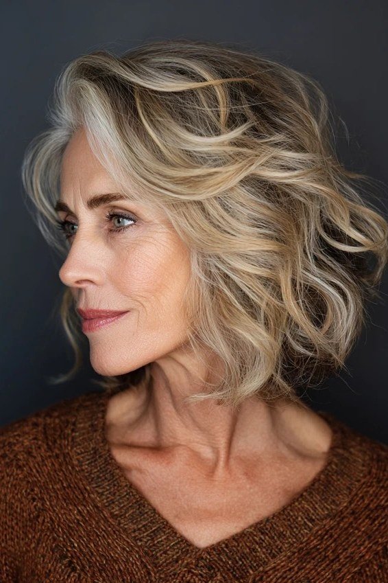Wavy layered bob hairstyle for women over 50: blonde wavy bob, side view, feathered texture