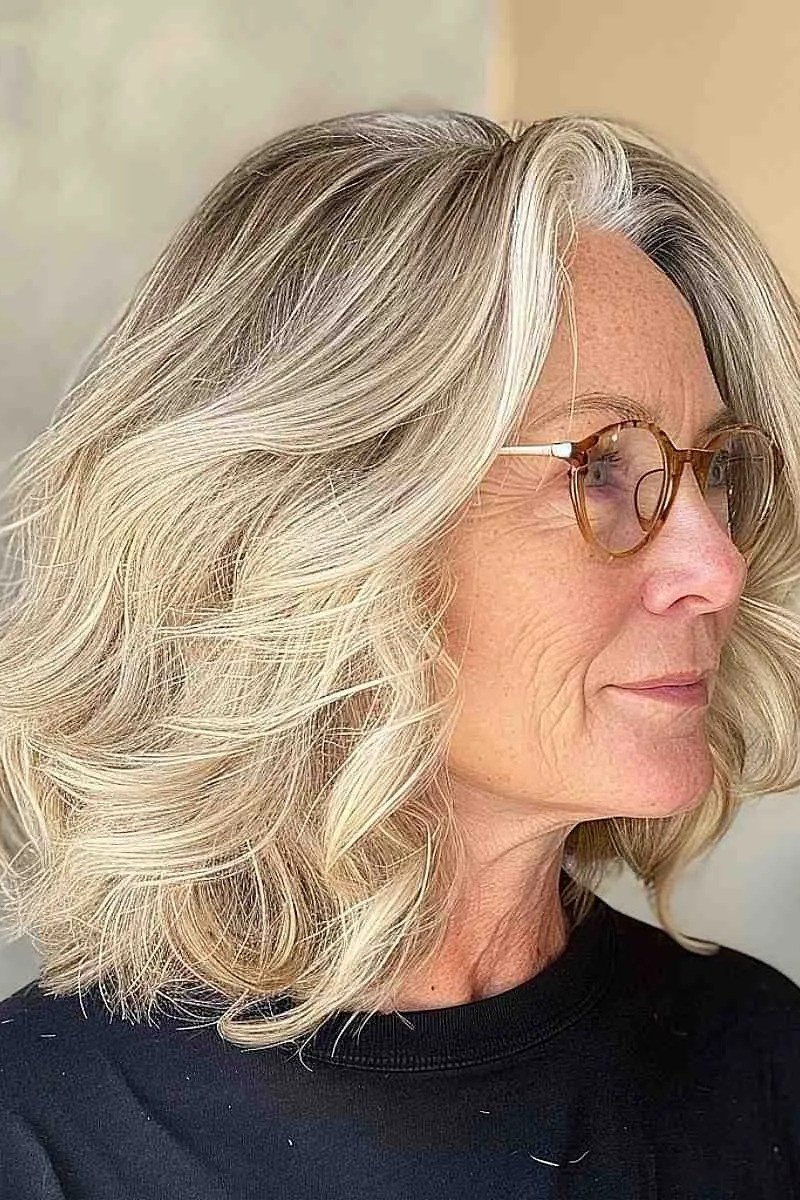 Wavy layered bob hairstyle for women over 50: platinum wavy bob, side view, bright white-blonde, chin length