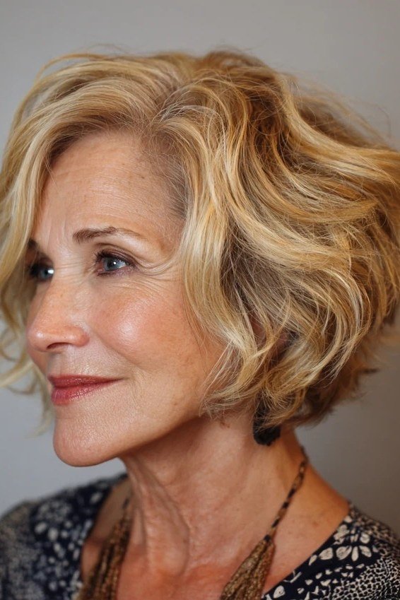 Wavy layered bob hairstyle for women over 50: golden blonde wavy bob, side view, sunlit