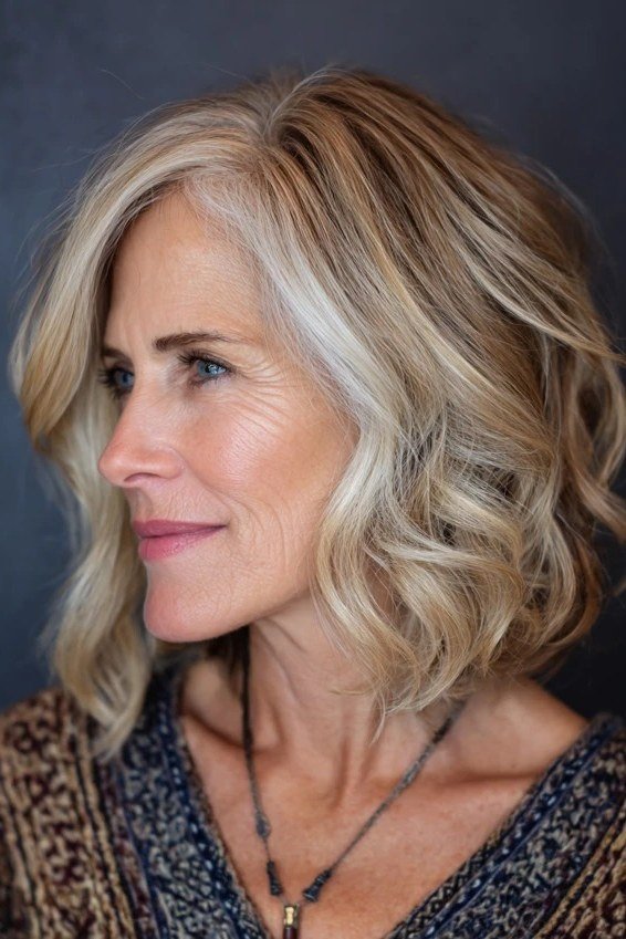 Wavy layered bob hairstyle for women over 50: bronde wavy bob, front view, warm highlights