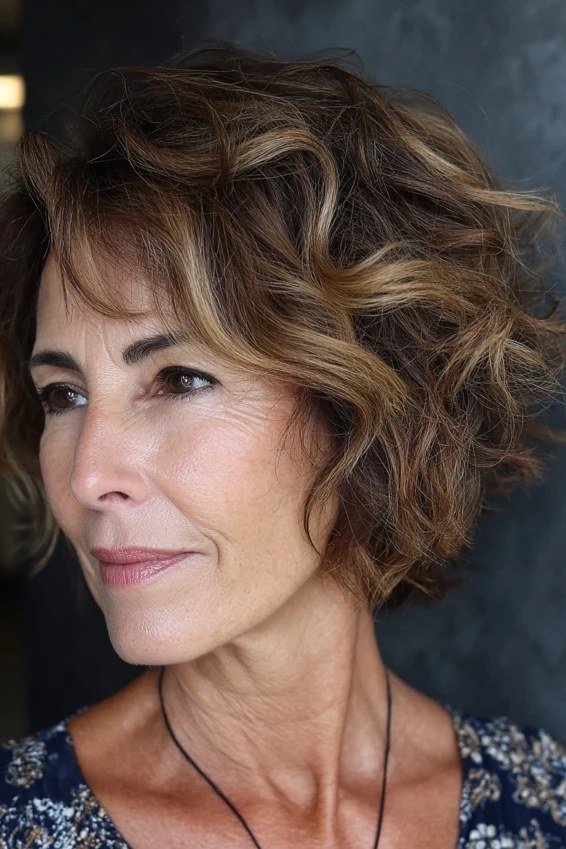 Wavy layered bob hairstyle for women over 50: brunette wavy bob, front view, dark background, defined waves