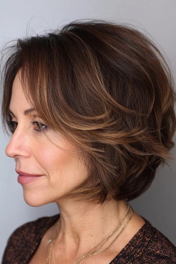Wavy layered bob hairstyle for women over 50: brown wavy bob, side view, honeyed ends