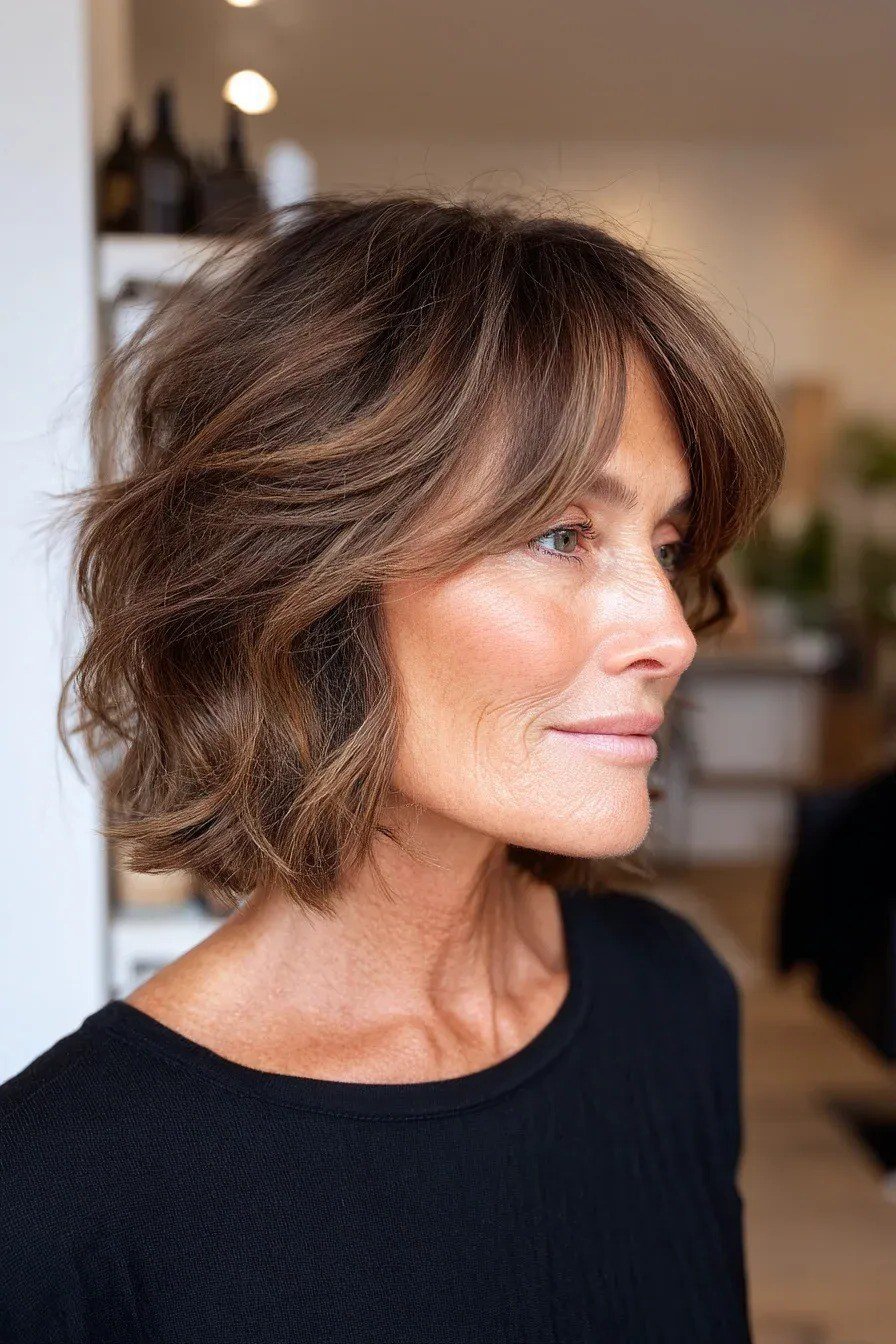 Wavy layered bob hairstyle for women over 50: brunette wavy bob, side view, salon setting