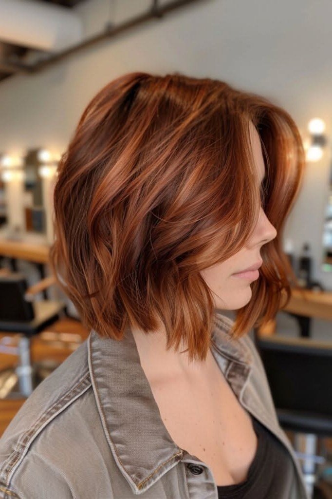 Wavy layered bob hairstyle for women over 50: copper wavy bob, side view, salon, glossy