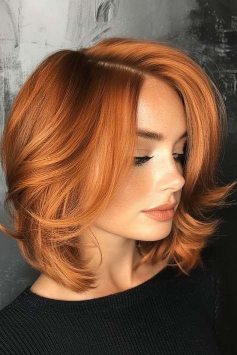Wavy layered bob hairstyle for women over 50: copper wavy bob, front view, dark background, glowing