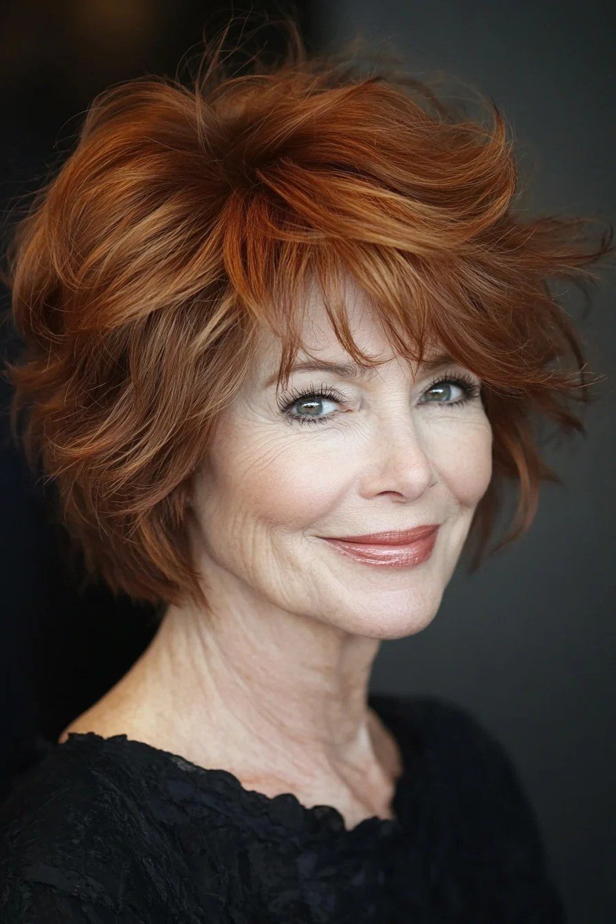 Wavy layered bob hairstyle for women over 50: copper curly bob, front view, mature woman, voluminous