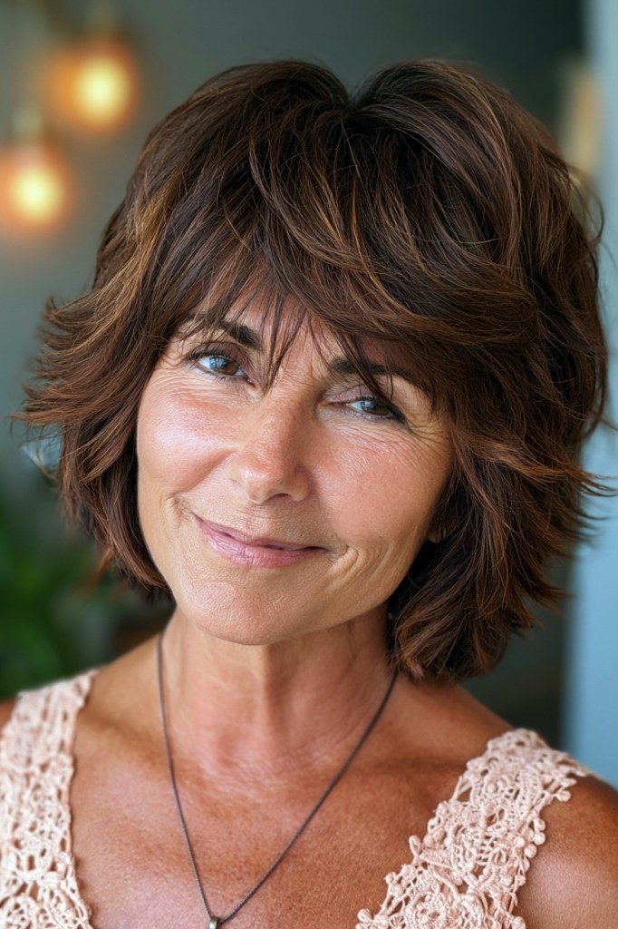 Wavy layered bob hairstyle for women over 50: brunette wavy bob with bangs, front view, wispy fringe