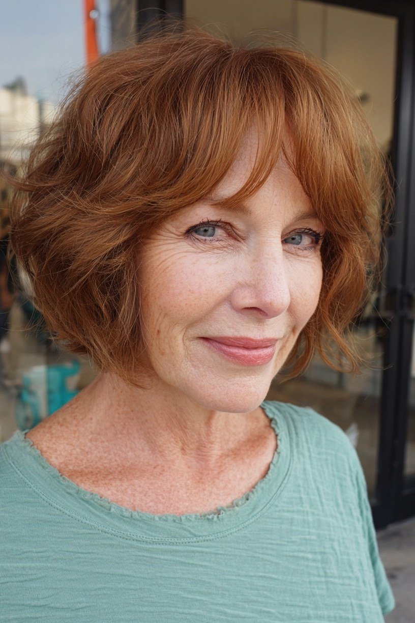 Wavy layered bob hairstyle for women over 50: copper wavy bob with bangs, front view, mint top