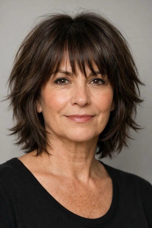 Wavy layered bob hairstyle for women over 50: dark wavy bob with bangs, front view, textured fringe