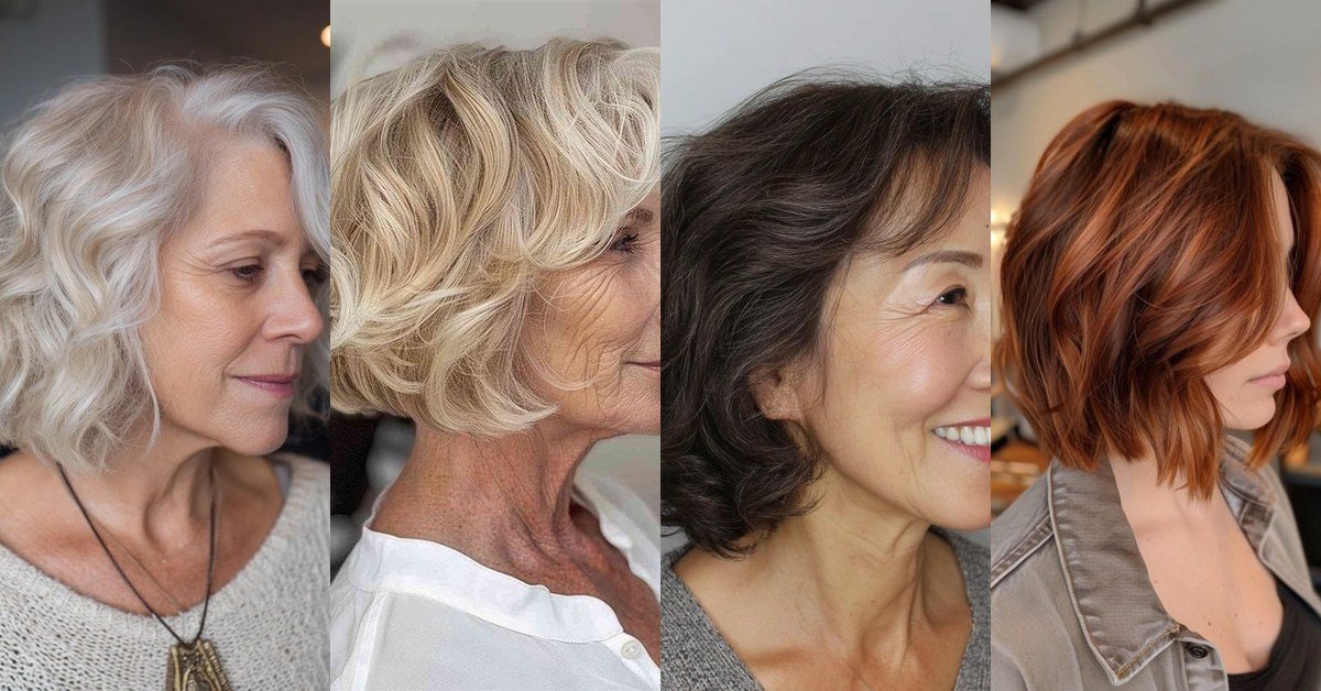 Wavy layered bob hairstyles for women over 50: collage of four silver, blonde and brunette layered bob styles
