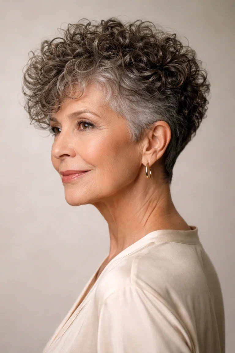 Silver curly pixie haircut on a woman over 60, side view with hoop earrings