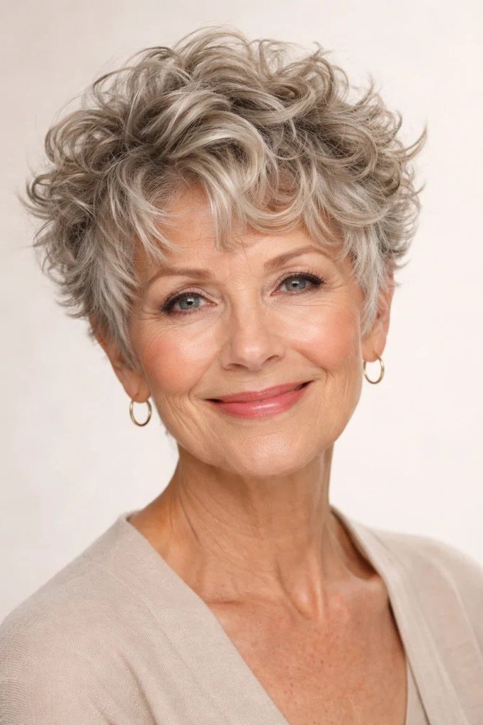 Silver-blonde curly pixie haircut for women over 60, front view