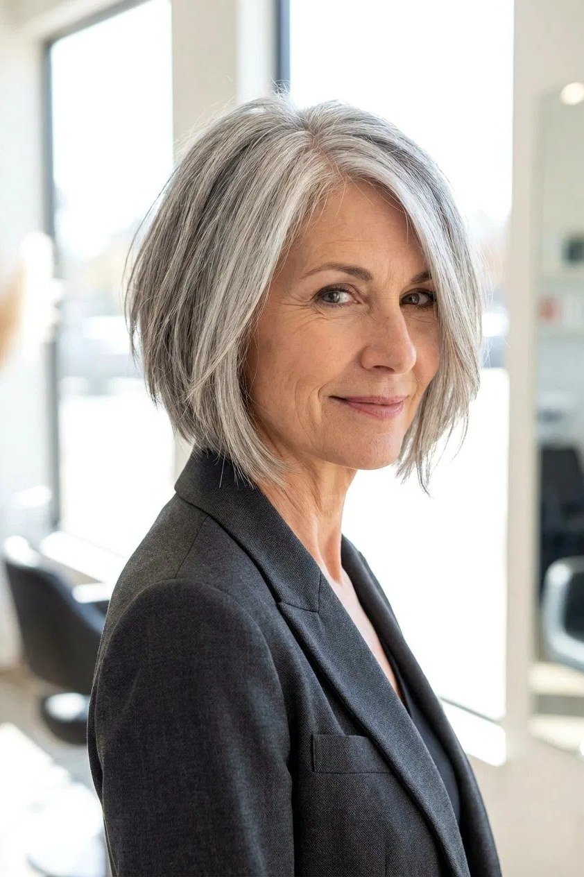 Silver layered bob haircut for women over 60, salon style