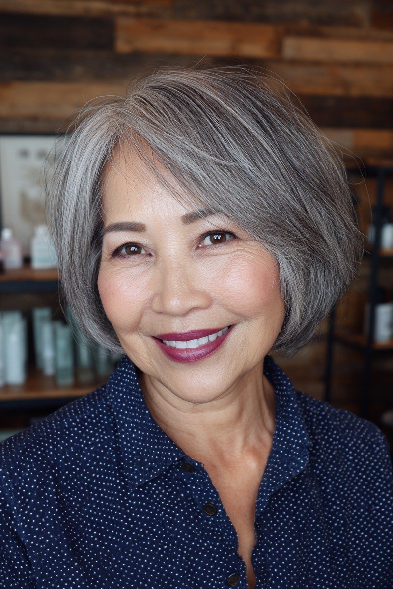 Silver layered bob haircut, fresh salon style, front view