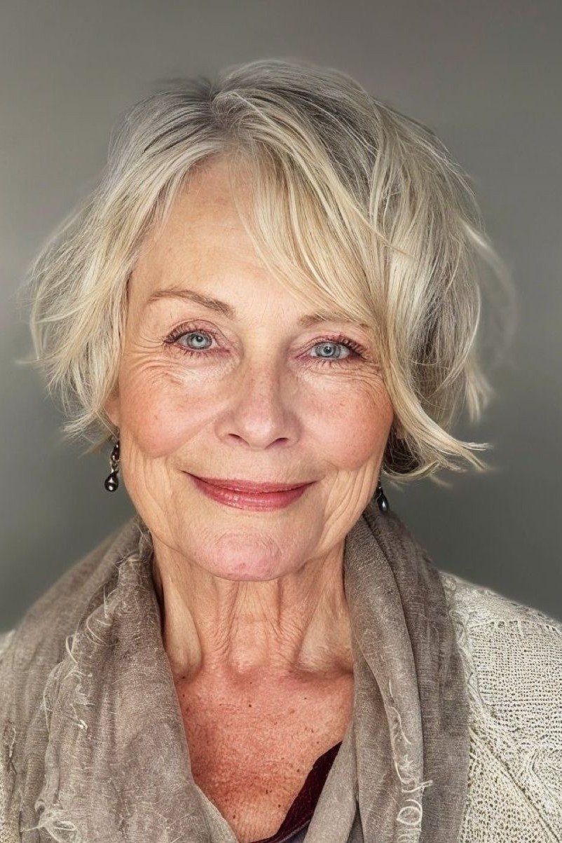 Blonde shaggy bob haircut for older women, front view